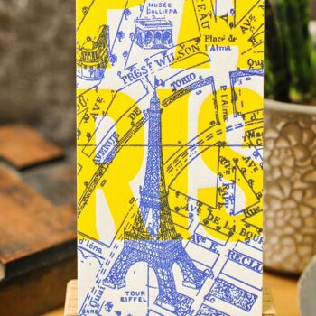 Marque-page Letterpress Plan de Paris, Tour Eiffel, Arc de Triomphe, architecture, fluo, jaune, bleu 3