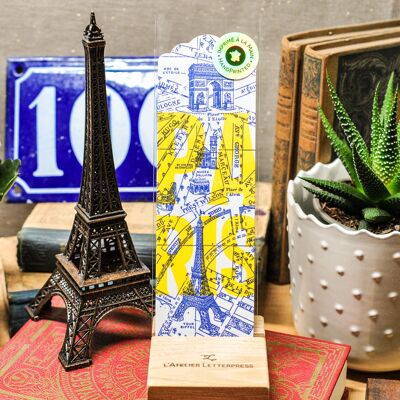 Bookmark Letterpress Map of Paris, Eiffel Tower, Arc de Triomphe, architecture, neon, yellow, blue