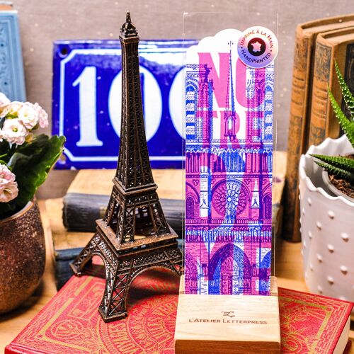 Marque-page Letterpress Notre Dame de Paris, architecture, fluo, rose, bleu