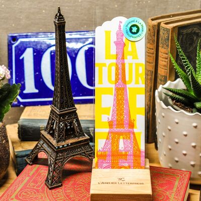 Bookmark Letterpress Torre Eiffel, París, arquitectura, neón, amarillo, rosa