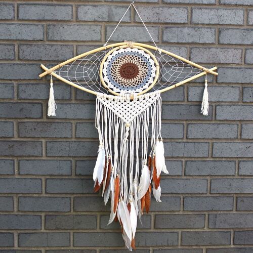EyeDC-01 - Protection Dream Catcher - Lrg Macrame Evil Eye White/ Grey/Brown - Sold in 1x unit/s per outer