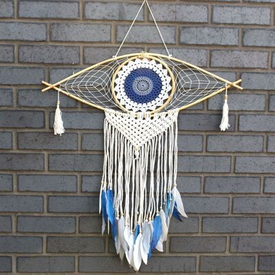 EyeDC-02 - Protection Dream Catcher - Lrg Macrame Evil Eye Blanco/ Azul/Gris - Vendido en 1x unidad/es por exterior