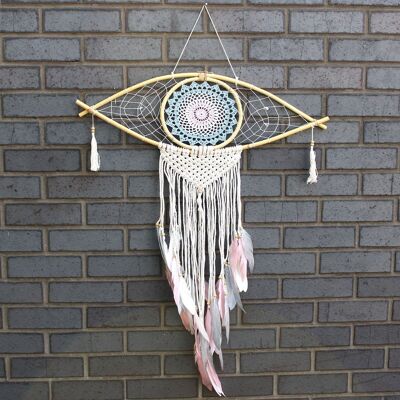 EyeDC-03 - Protection Dream Catcher - Lrg Macrame Eye Blue/ White/Pink - Sold in 1x unit/s per outer