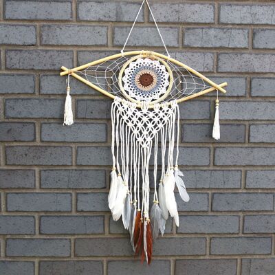EyeDC-05 - Protection Dream Catcher - Med Macrame Evil Eye Blanc/Gris/Marron - Vendu en 1x unité/s par extérieur