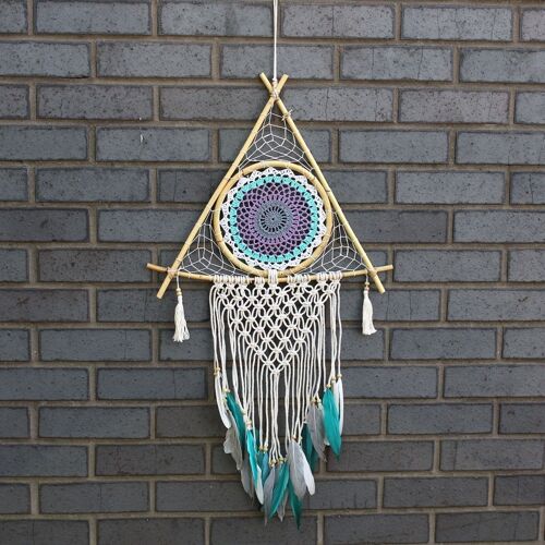 EyeDC-12 - Protection Dream Catcher - Lrg Macrame Pyramid White/Turquoise - Sold in 1x unit/s per outer