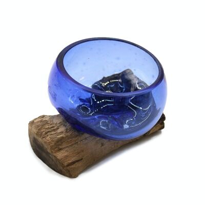 MGW-34 - Molten Glass Mini Blue Bowl on Wood - Sold in 1x unit/s per outer
