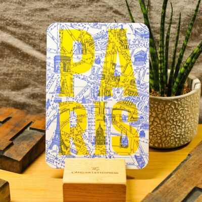 Carte Letterpress Plan de Paris, Paris, architecture, fluo, jaune, bleu