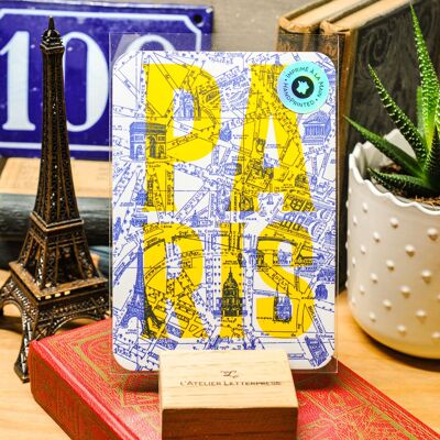 Letterpress card Map of Paris, Paris, architecture, neon, yellow, blue