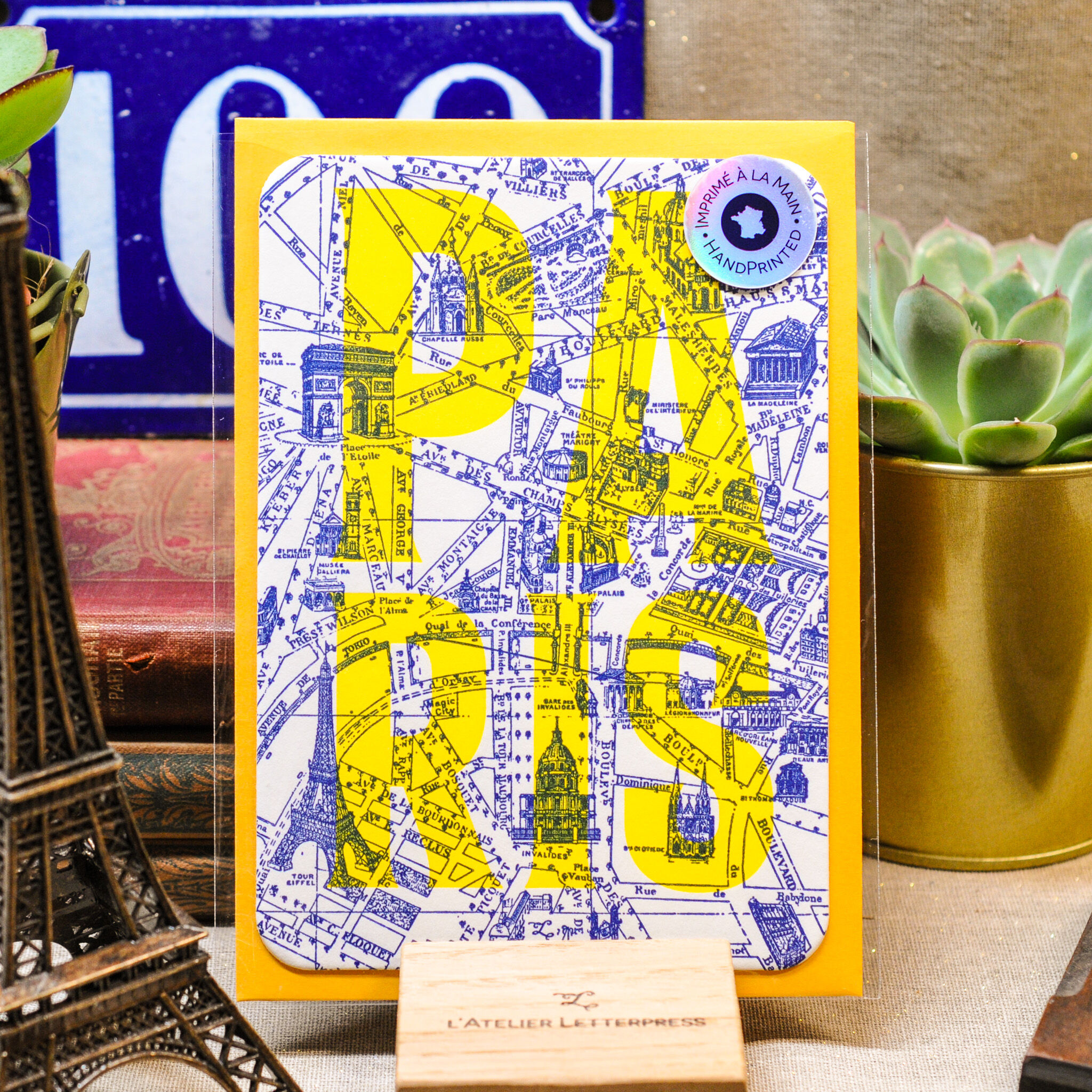 Letterpress card Map of Paris, Paris, architecture, neon, yellow, blue