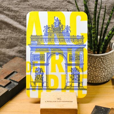Letterpress card Arc de Triomphe, Paris, architecture, neon, yellow, blue