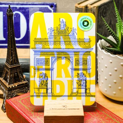 Tarjeta de tipografía Arc de Triomphe, París, arquitectura, neón, amarillo, azul