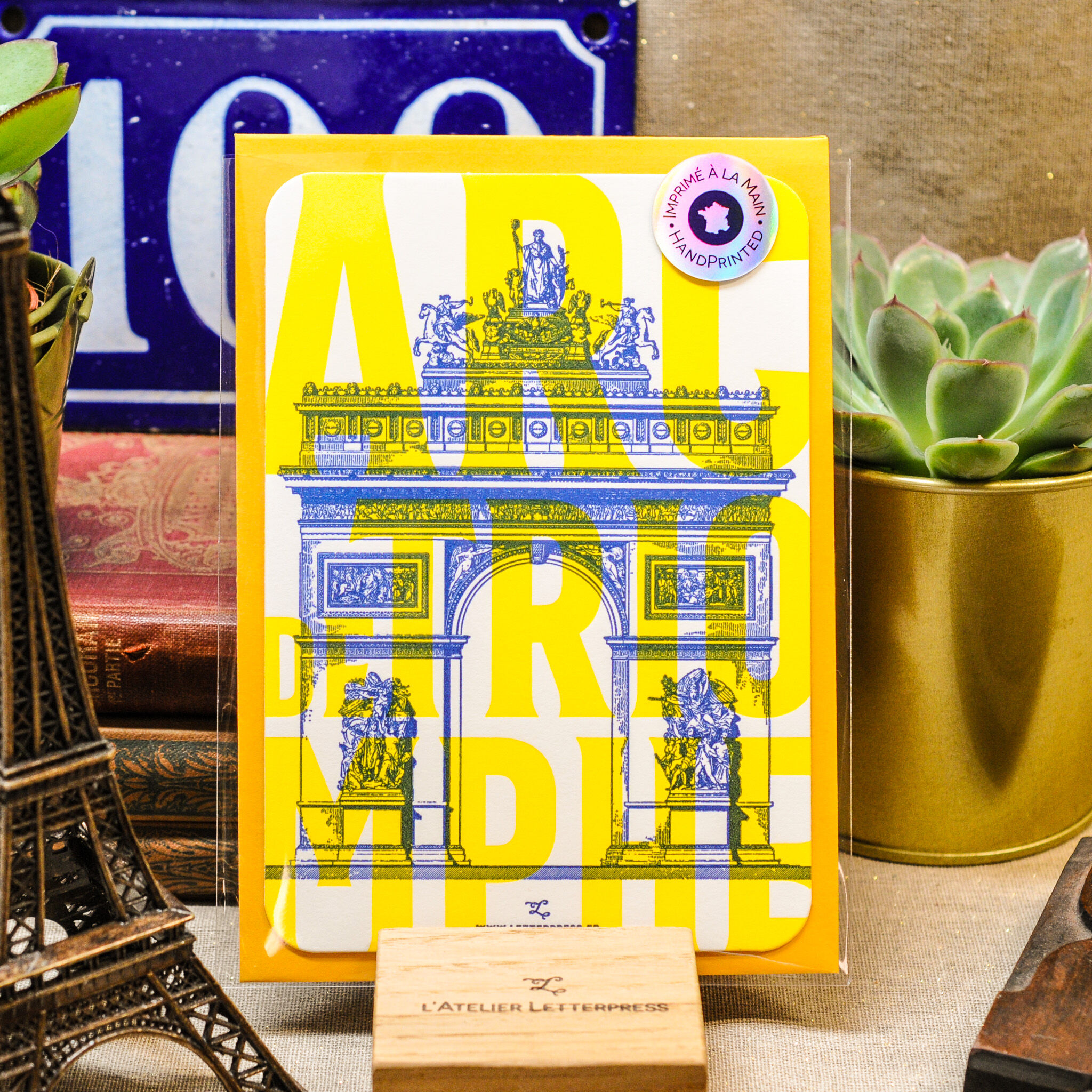 Letterpress card Arc de Triomphe, Paris, architecture, neon, yellow, blue