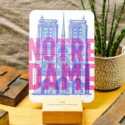 Carte Letterpress Notre Dame de Paris, architecture, fluo, rose, bleu