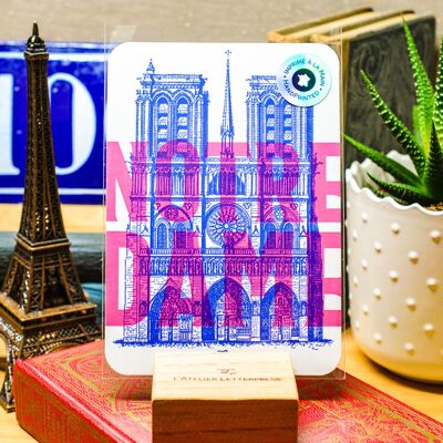 Notre Dame de Paris Letterpress card, architecture, neon, pink, blue