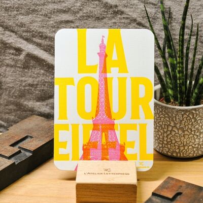 Carte Letterpress Tour Eiffel, Paris, architecture, fluo, jaune, rose