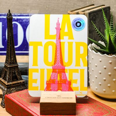 Letterpress card Eiffel Tower, Paris, architecture, neon, yellow, pink