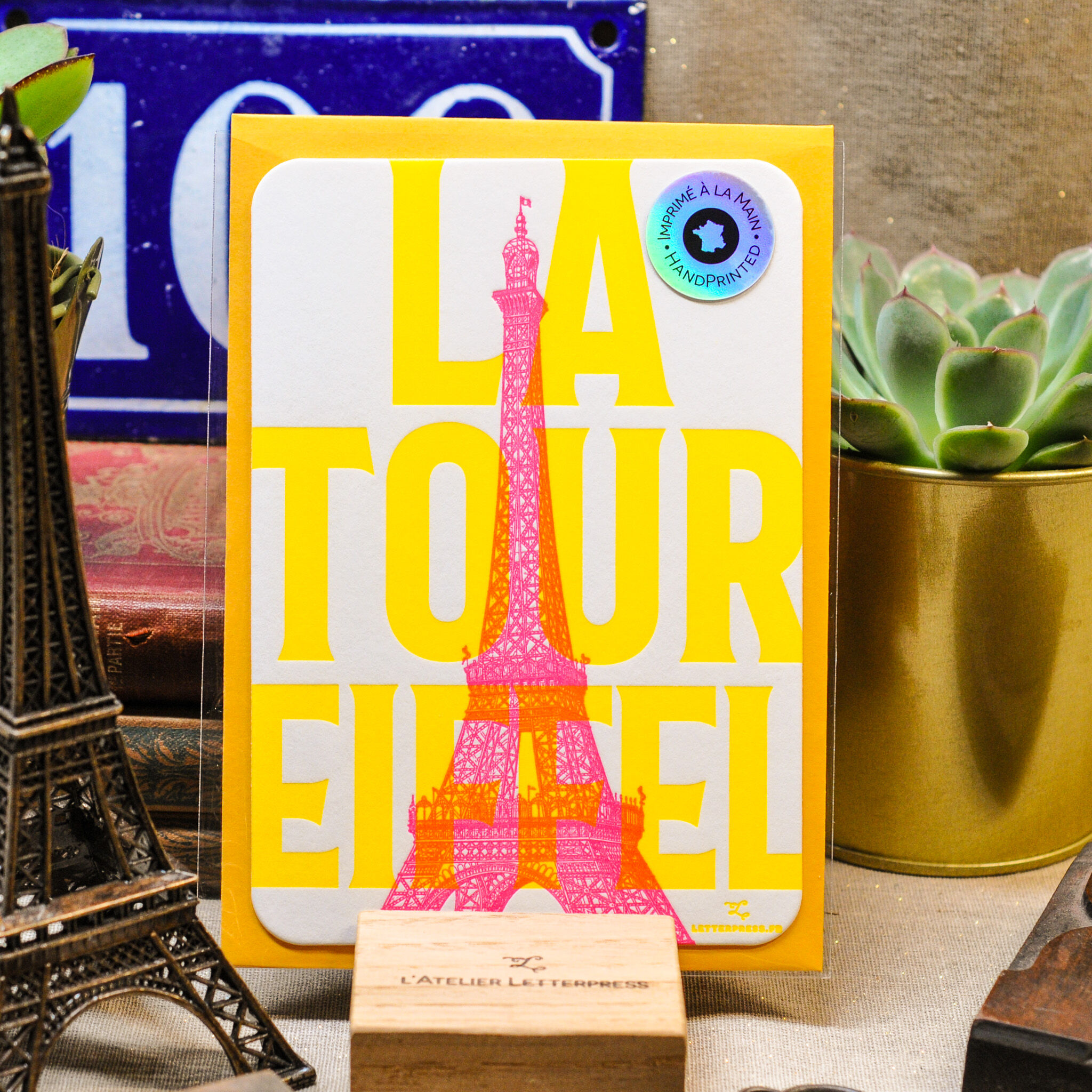 Eiffel Tower Letterpress Card (with envelope), Paris, architecture, fluorescent, yellow, pink