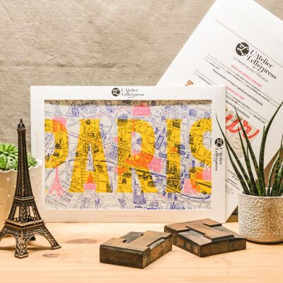 Poster Letterpress Map of Paris, A4, architecture, fluo, yellow, pink, blue