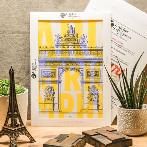 Affiche Letterpress Arc de Triomphe (Paris), A4, architecture, fluo, jaune, bleu