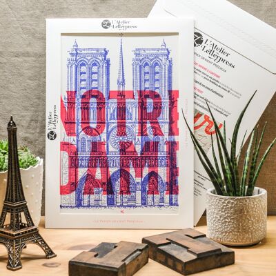 Affiche Letterpress Notre Dame de Paris, A4, architecture, fluo, rose, bleu