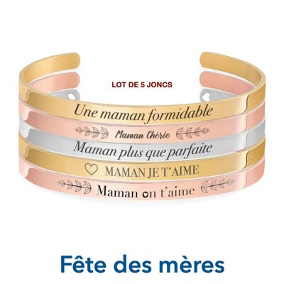 Bracelets Maman n°1 - Lot de 5 joncs gravés avec message