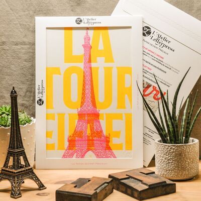 Affiche Letterpress Tour Eiffel, A4, Paris, architecture, fluo, jaune, rose