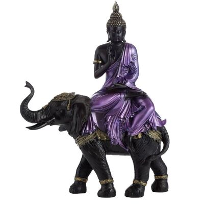 Elefante montado en Buda tailandés grande morado, dorado y negro