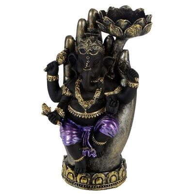Purple, Gold and Black Ganesh in Hand Lotus Tea Light Candle Holder