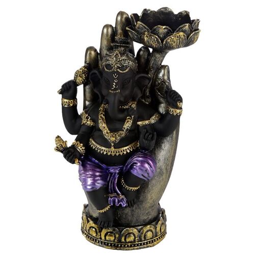 Purple, Gold & Black Ganesh in Hand Lotus Tea Light Candle Holder