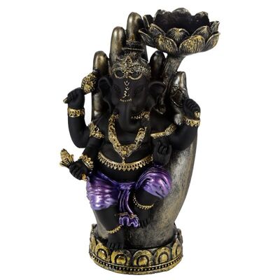 Portacandele Tea Light Ganesh viola, oro e nero in mano