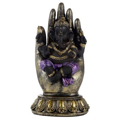 Ganesh morado, dorado y negro en la mano