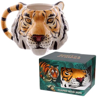 Taza de cerámica con forma de cabeza de tigre con manchas y rayas