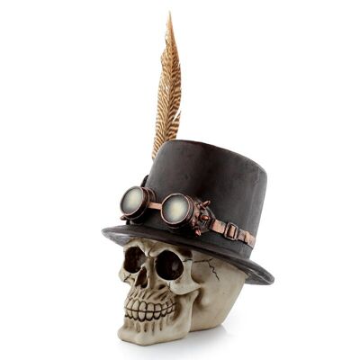 Crâne de style Steampunk avec chapeau haut de forme et plumes