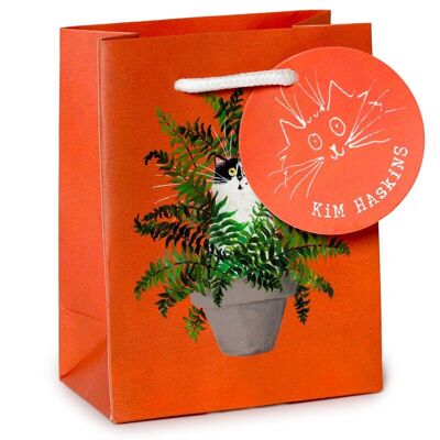 Bolsa de regalo pequeña con diseño de gato floral en rojo helecho de Kim Haskins