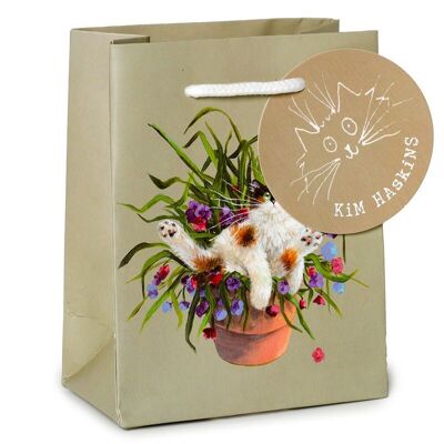 Kim Haskins Florale Katze im Blumentopf, grüne Geschenktüte, klein