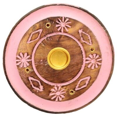 Mango Wood Round Painted Pink Flower Ashcatcher Incense Sticks & Cones Burner