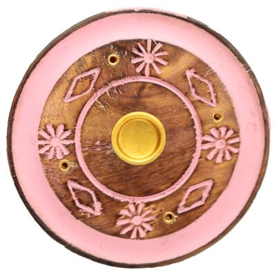 Bruciatore di incenso acchiappa-incenso rotondo in legno di mango dipinto con fiori rosa