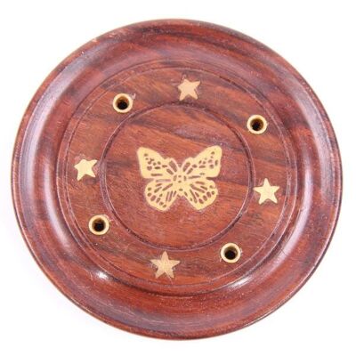 Sheesham Wood Round Ashcatcher Incence Burner with Butterfly Inlay