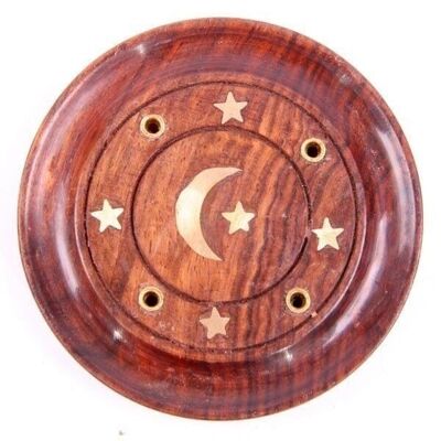 Sheesham Wood Round Ashcatcher Incence Sticks and Cones Burner with Moon and Stars Inlay