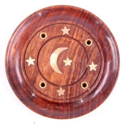Quemador de incienso redondo de madera Sheesham con incrustaciones de luna y estrellas
