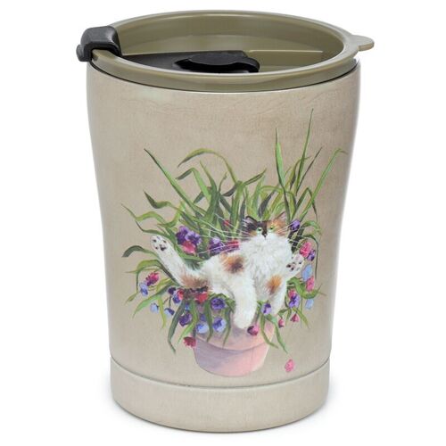 Kim Haskins Cat in Plant Pot Green Hot & Cold Insulated Cup 300ml
