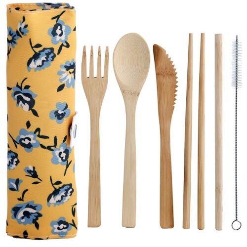 Travel Bamboo Utensil Set with Cotton Roll-Up Carrying Case