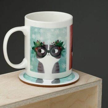 Angie Rozelaar Planet Cat Ensemble de tasse et dessous de verre en porcelaine de Noël 2
