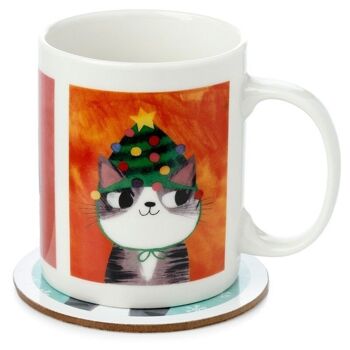 Angie Rozelaar Planet Cat Ensemble de tasse et dessous de verre en porcelaine de Noël 5