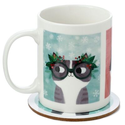 Angie Rozelaar Planet Cat Ensemble de tasse et dessous de verre en porcelaine de Noël
