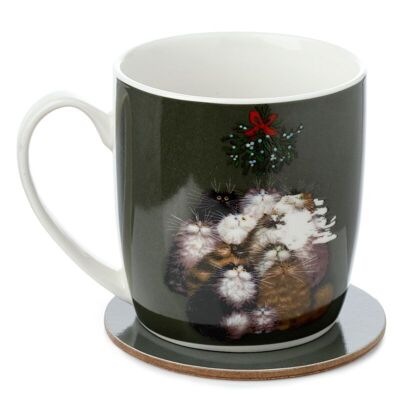 Juego de taza y posavasos de porcelana con 12 gatos de Navidad de Kim Haskins