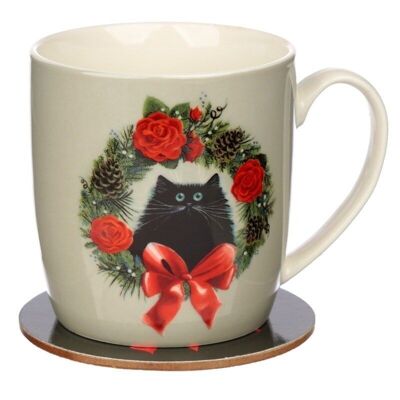 Kim Haskins Weihnachtskranz Katze Porzellanbecher & Untersetzer Set