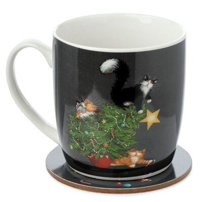 Kim Haskins Christmas Tree Catastrophe Cats - Juego de taza y posavasos de porcelana