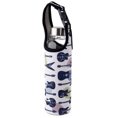 Headstock Guitar Reusable Glass Water Bottle with Protective Neoprene Sleeve with Strap