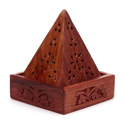Boîte à cônes d'encens pyramide en bois de sheesham avec chantournage de fleurs